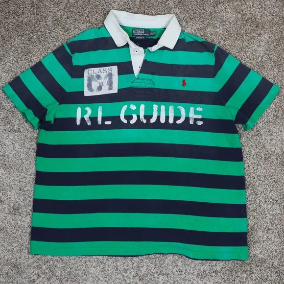 Vintage Polo Ralph Lauren RL Guide Striped Rugby Shirt Green Navy XXL Custom Fit - Picture 8 of 13